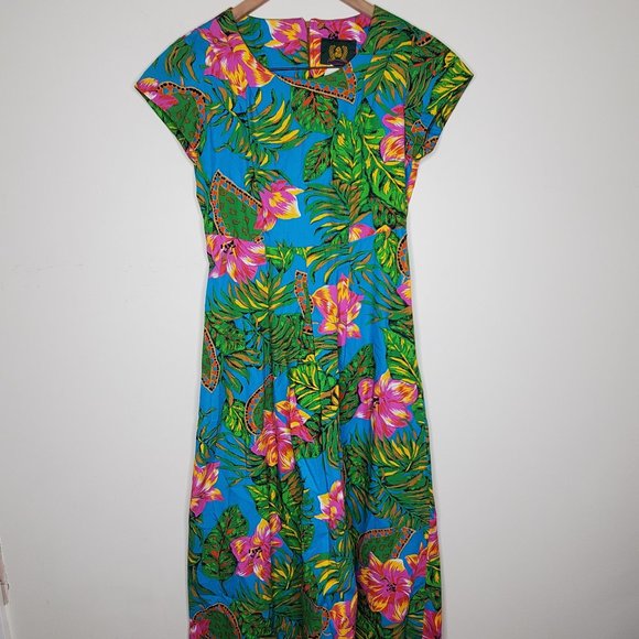 Vintage Dresses & Skirts - Vintage British Isles Tropical Print Midi Dress, 6